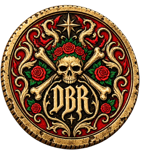 Death By Running doubloon, back: skull and crossbones over DBR