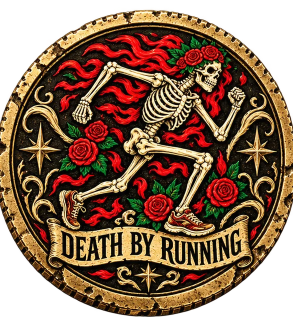 Death By Running doubloon, front: the running skeleton in flames and roses