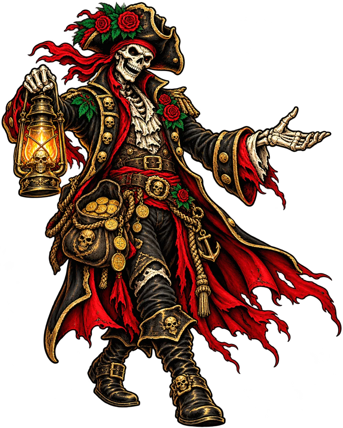 The Ferryman: a skeleton captain in a rose-crowned hat, lantern in hand, inviting you aboard