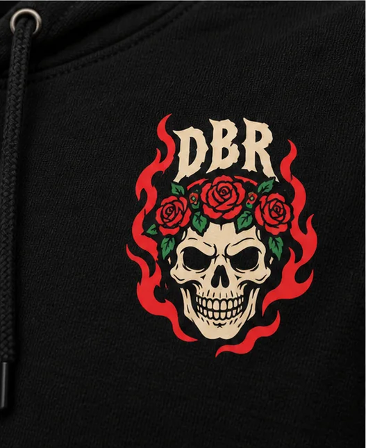 Close-up of the DBR skull mark with rose crown and flames